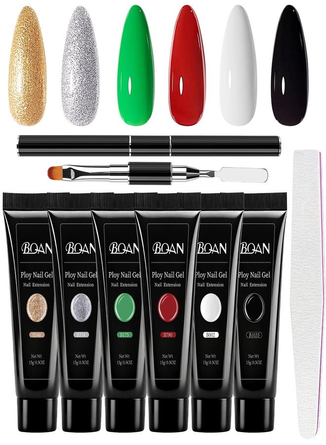 BQAN Poly Nail Gel Kit by BQAN - 6 Colors | Professional Nail Extension Gel | 15ml Each Low Odor Formula for DIY Nails | 28-Day Wear Christmas Red Black Gold Gitter - Image 1